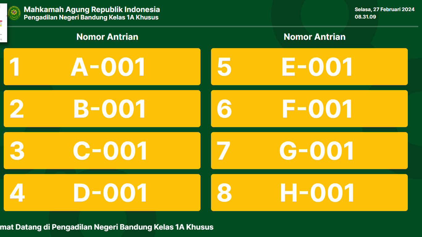 Mesin Antrian Untuk Pengadilan Tinggi Kota Bandung